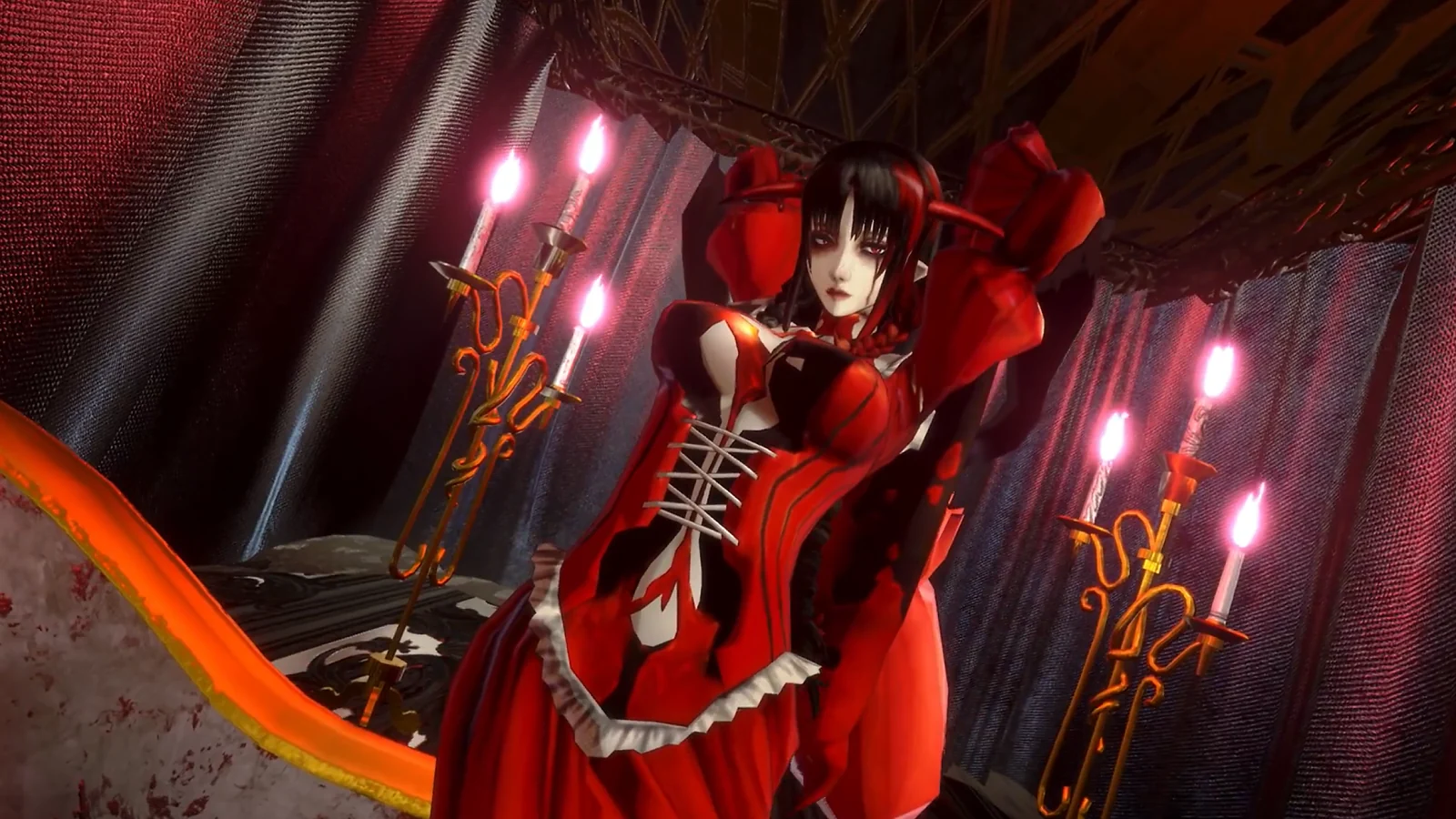 Extrait de gameplay de *Bloodstained* montrant un personnage vêtu de rouge, entouré d'effets magiques lumineux.