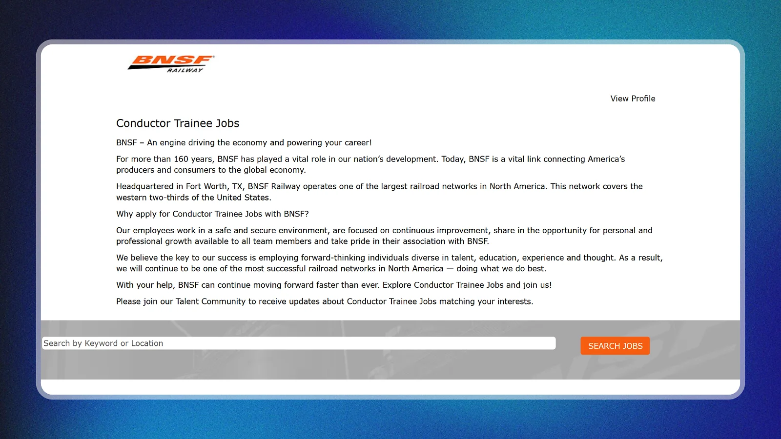 BNSF railway website showing a conductor trainee jobs