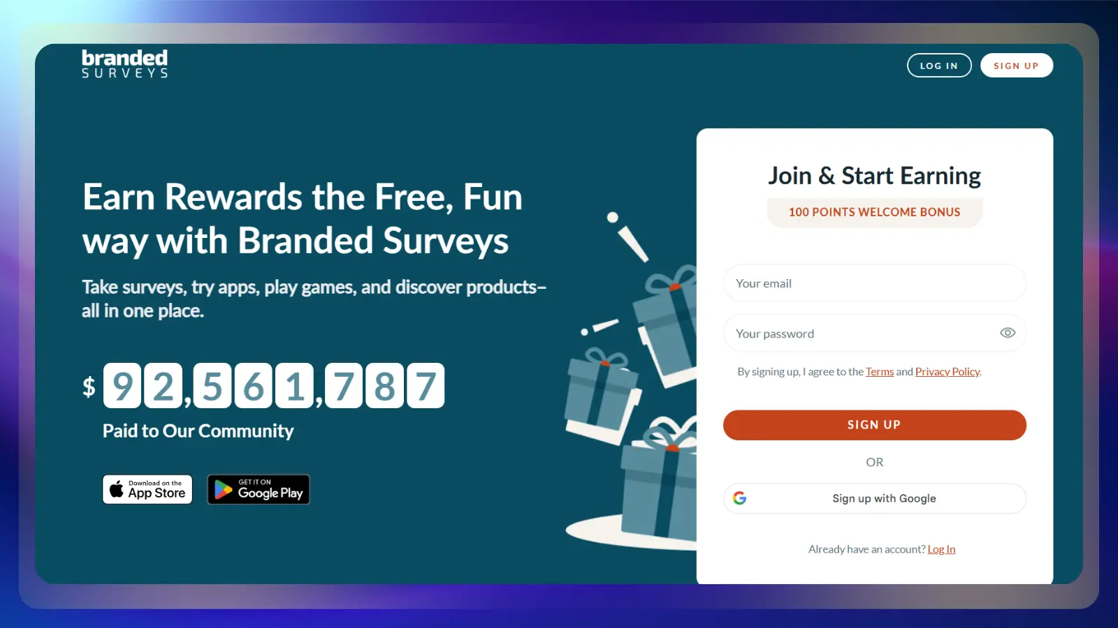 Página web de encuestas de marca que muestra encuestas, aplicaciones, juegos y recompensas