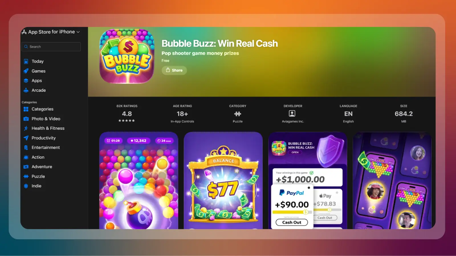 bubble buzz website showing a bubble shooter game with real cash prizes on the app store