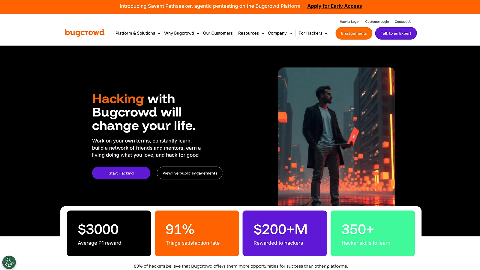 Bugcrowd bug bounty platform homepage showing ethical hacking opportunities and rewards