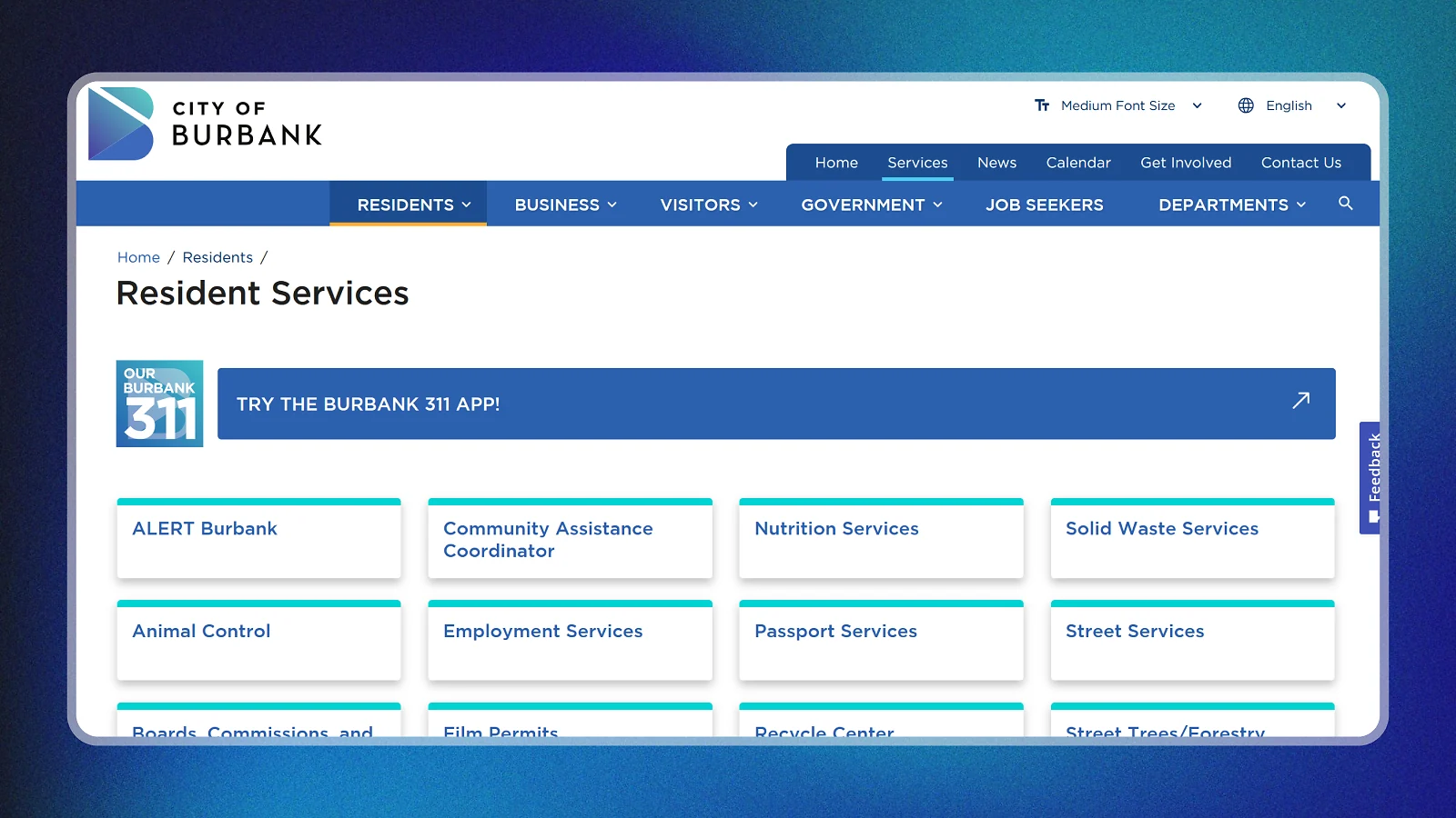 Burbank website showing services