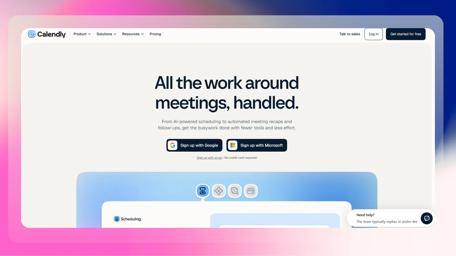 calendly website showing tools for scheduling and managing meetings
