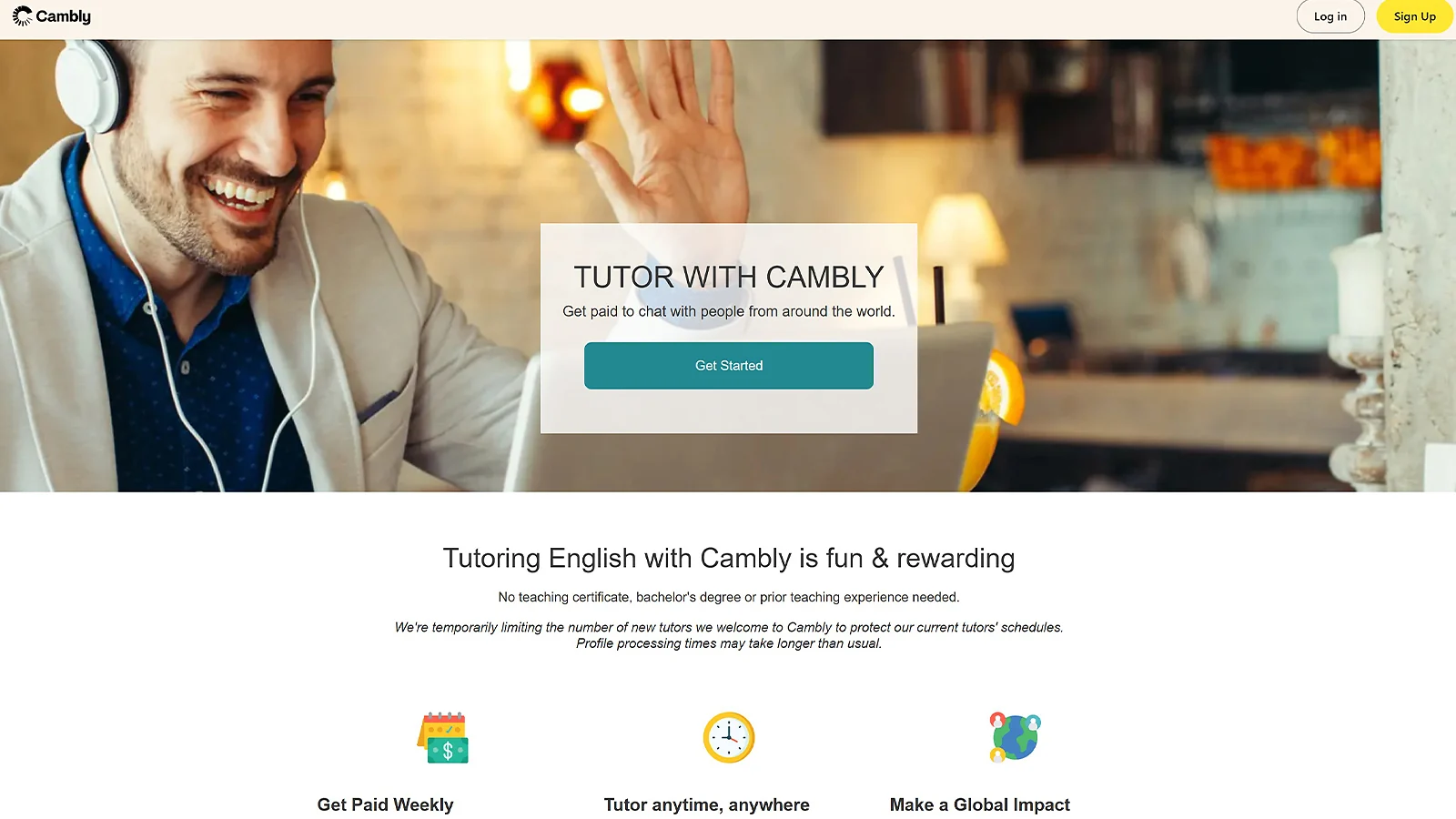 Cambly online English tutoring jobs sign-up page