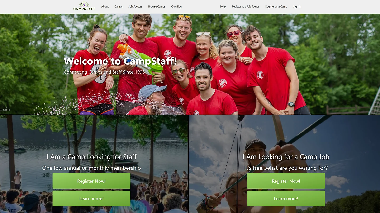 CampStaff website homepage connecting camps with staff and offering registration for camp job seekers