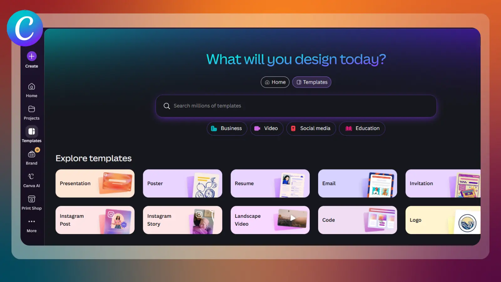 Página web de Canva con plantillas de diseño
