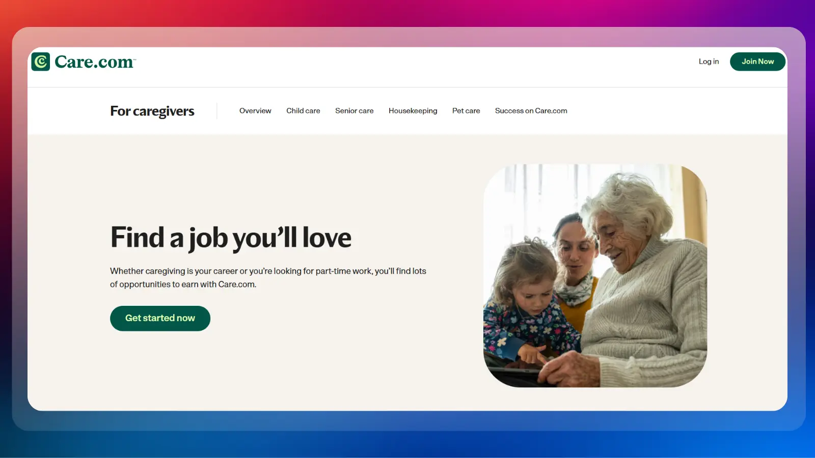 Care.com website showing caregiving jobs and opportunities to earn