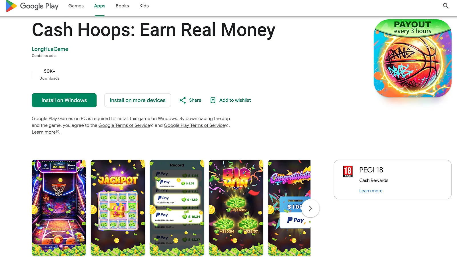Google Play Store page for Cash Hoops: Earn Real Money