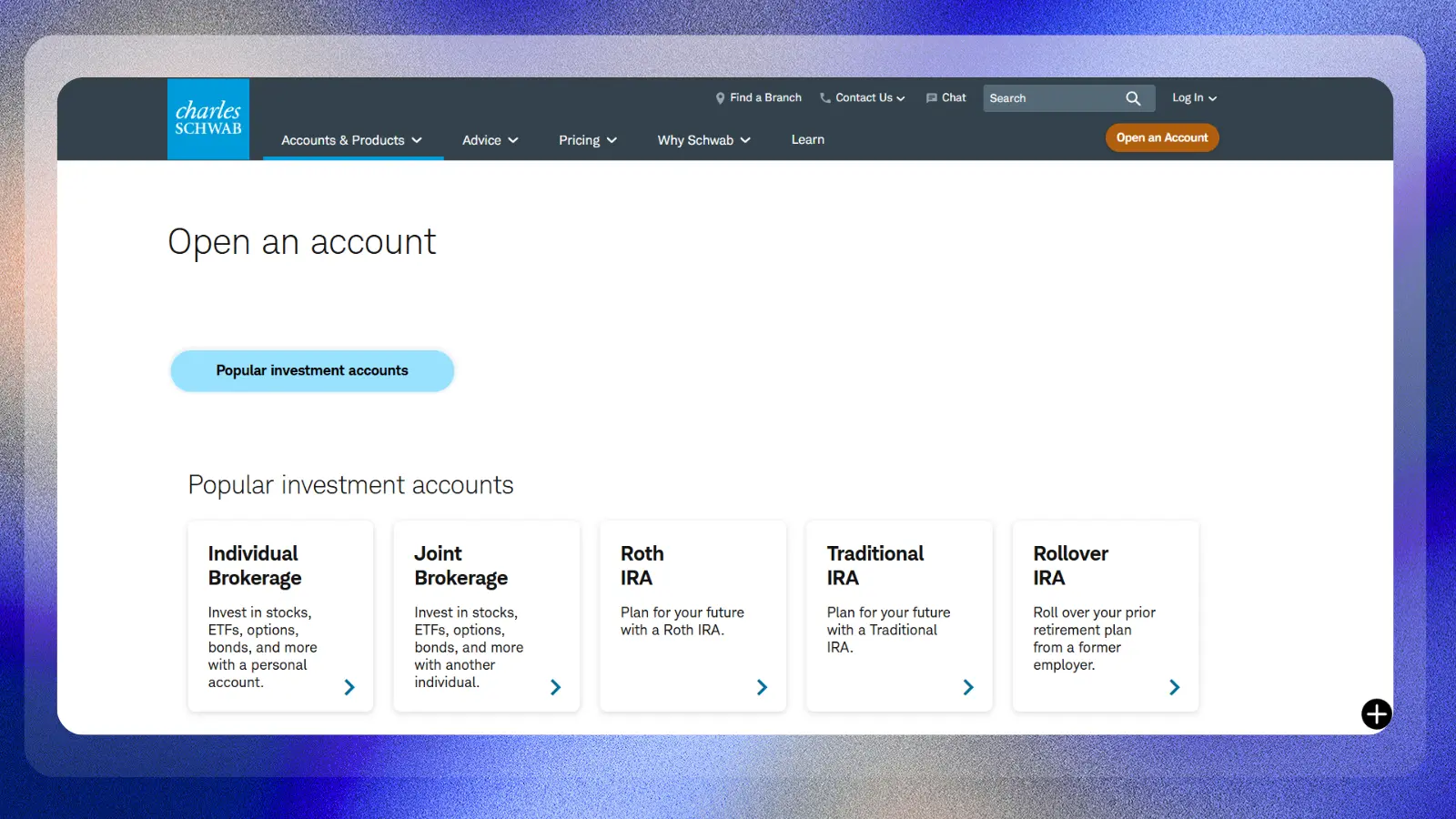 charles schwab website showing popular investment accounts