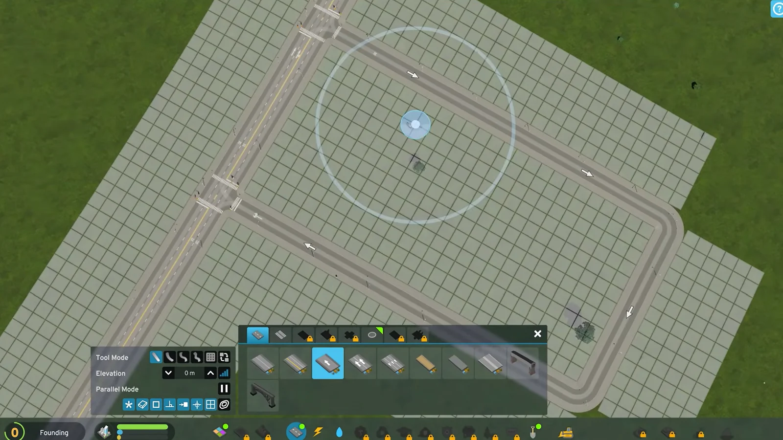 Cities: Skylines II gameplay showing a road layout and zoning grid during city construction.