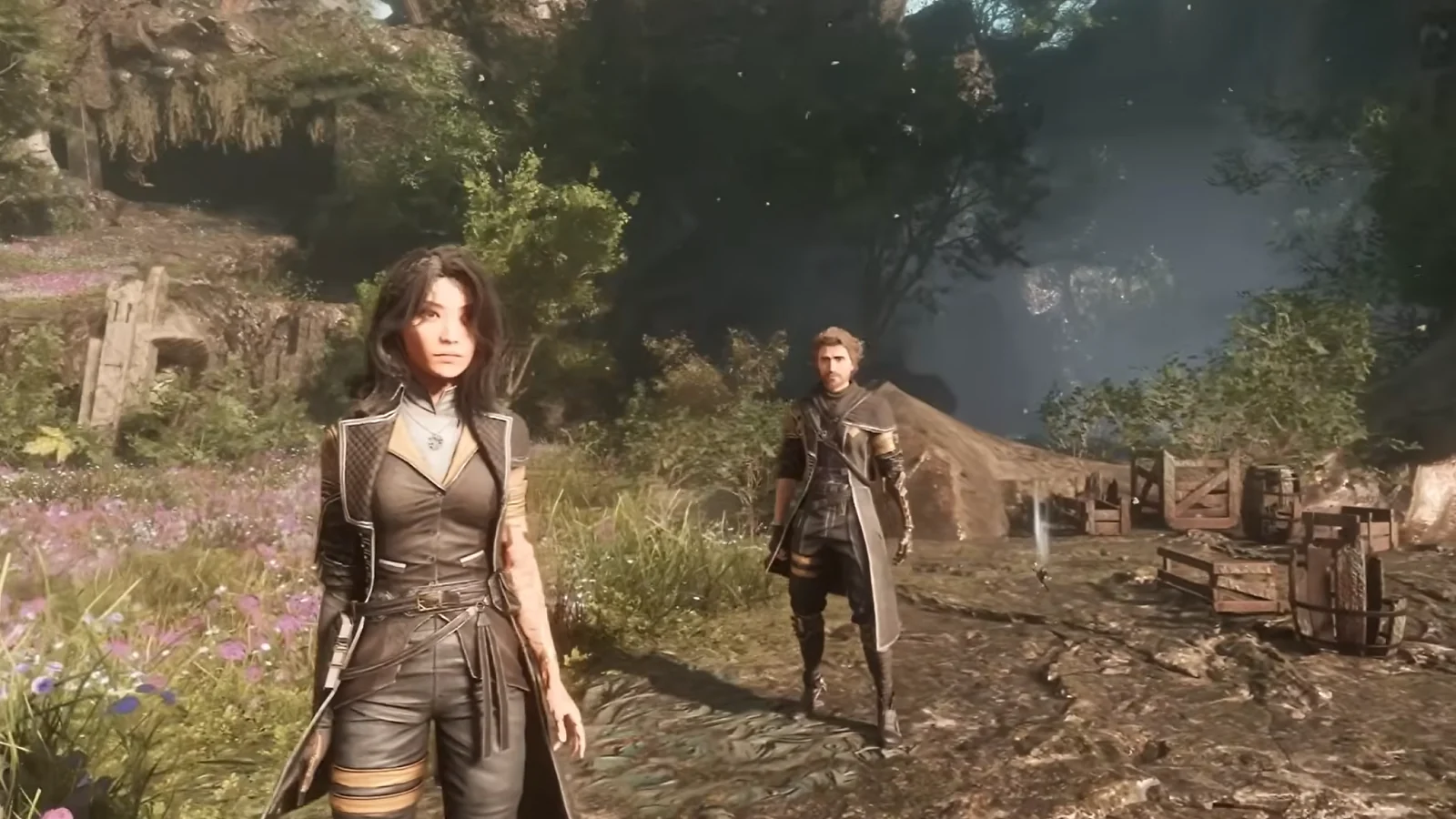 Clair Obscur: Expedition 33 gameplay showing characters talking in a rocky outdoor area.