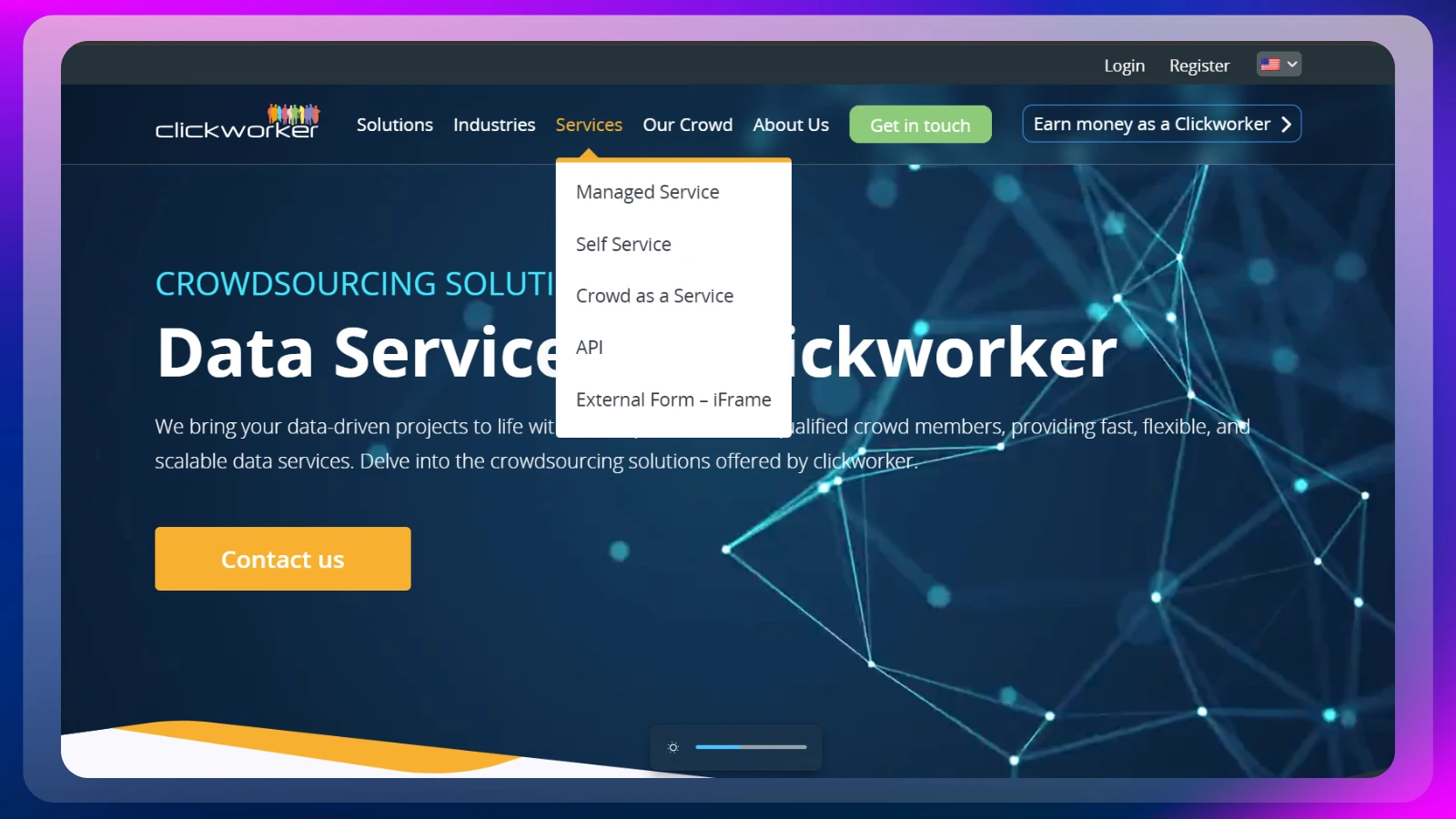 Página web de Clickworker en la que se muestran servicios de datos y soluciones de crowdsourcing