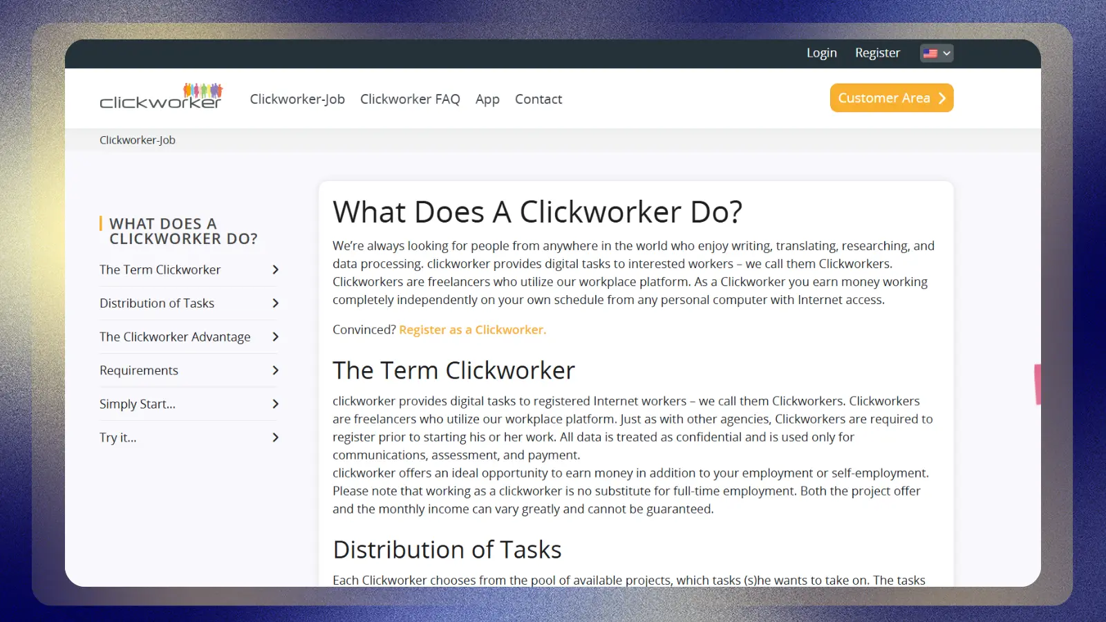 Página web de Clickworker en la que se explican las principales funciones del sitio