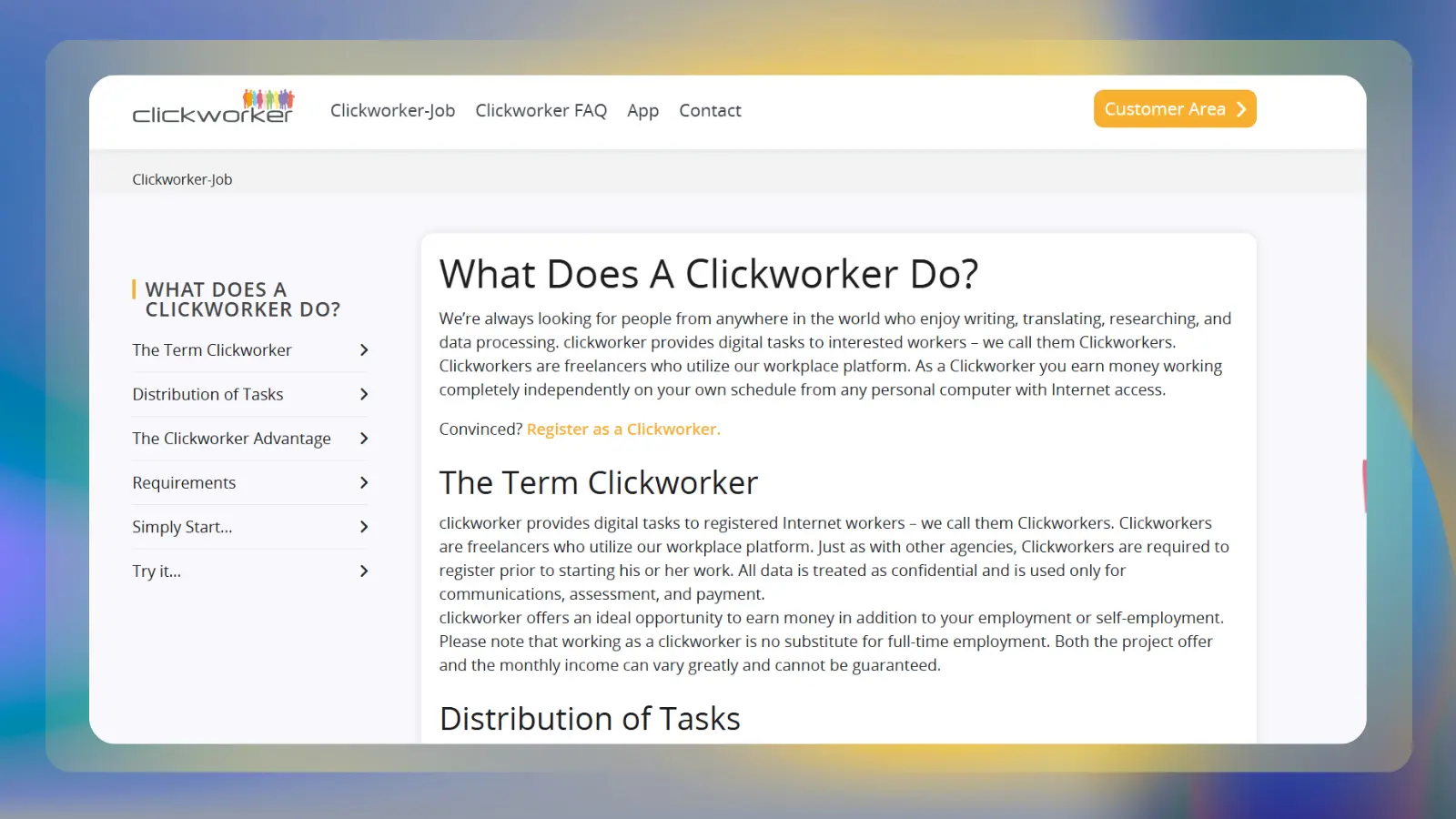clickworker website showing freelance digital tasks and ways to earn money online
