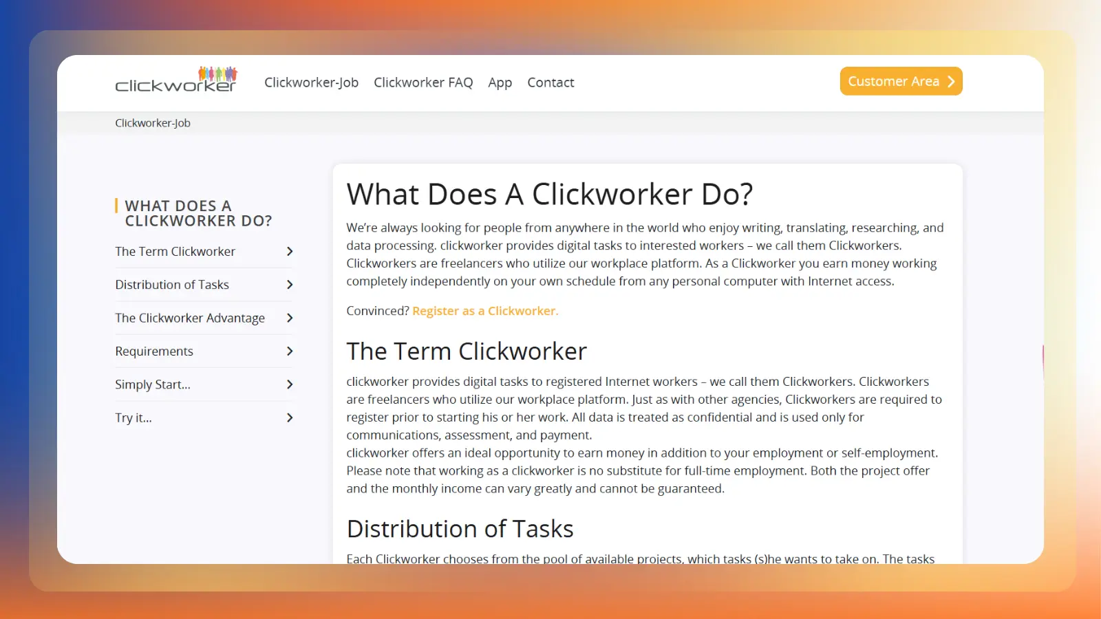clickworker website showing digital freelance tasks and ways to earn money online