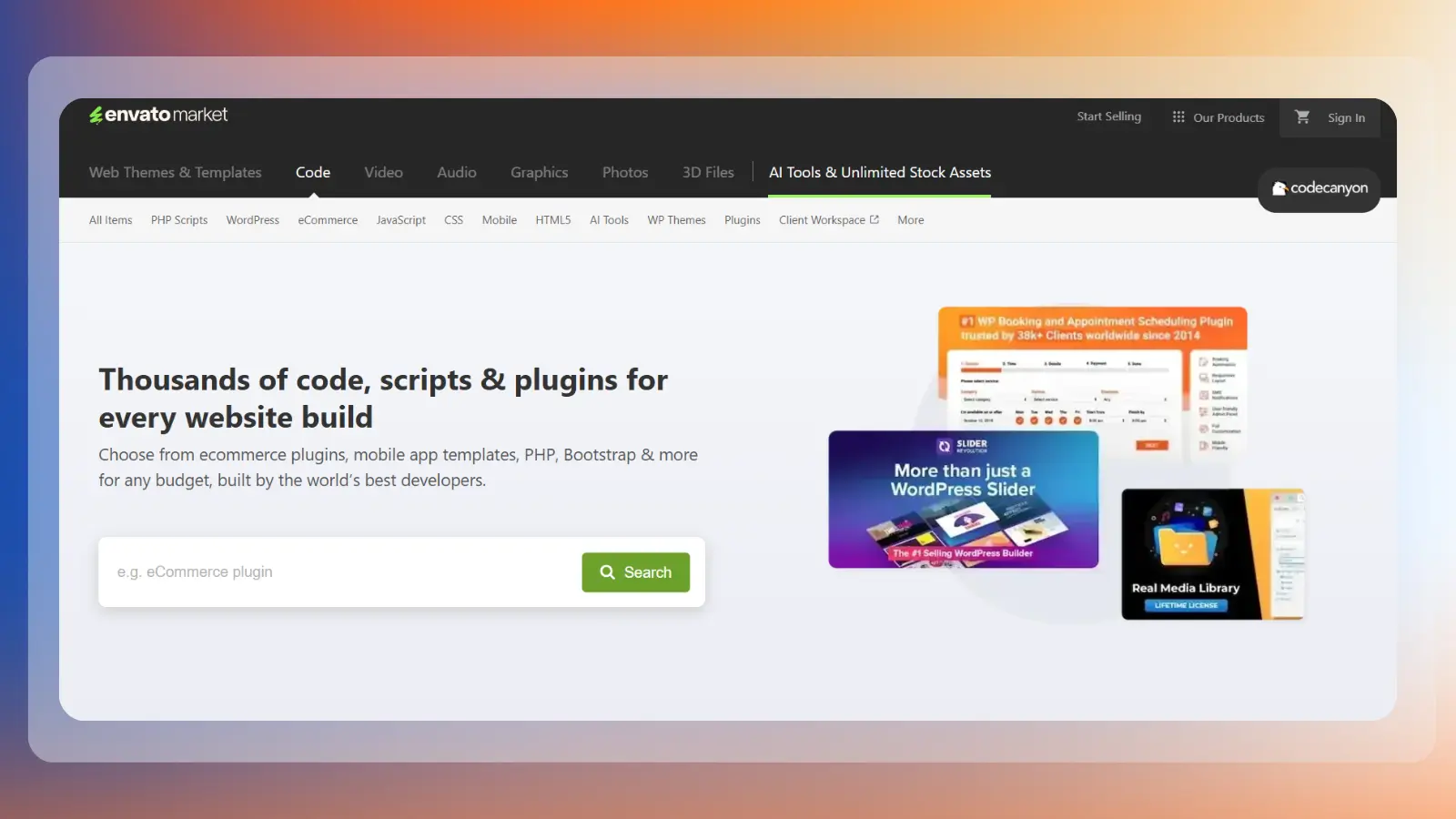 codecanyon website offering code, scripts, plugins, and other development resources