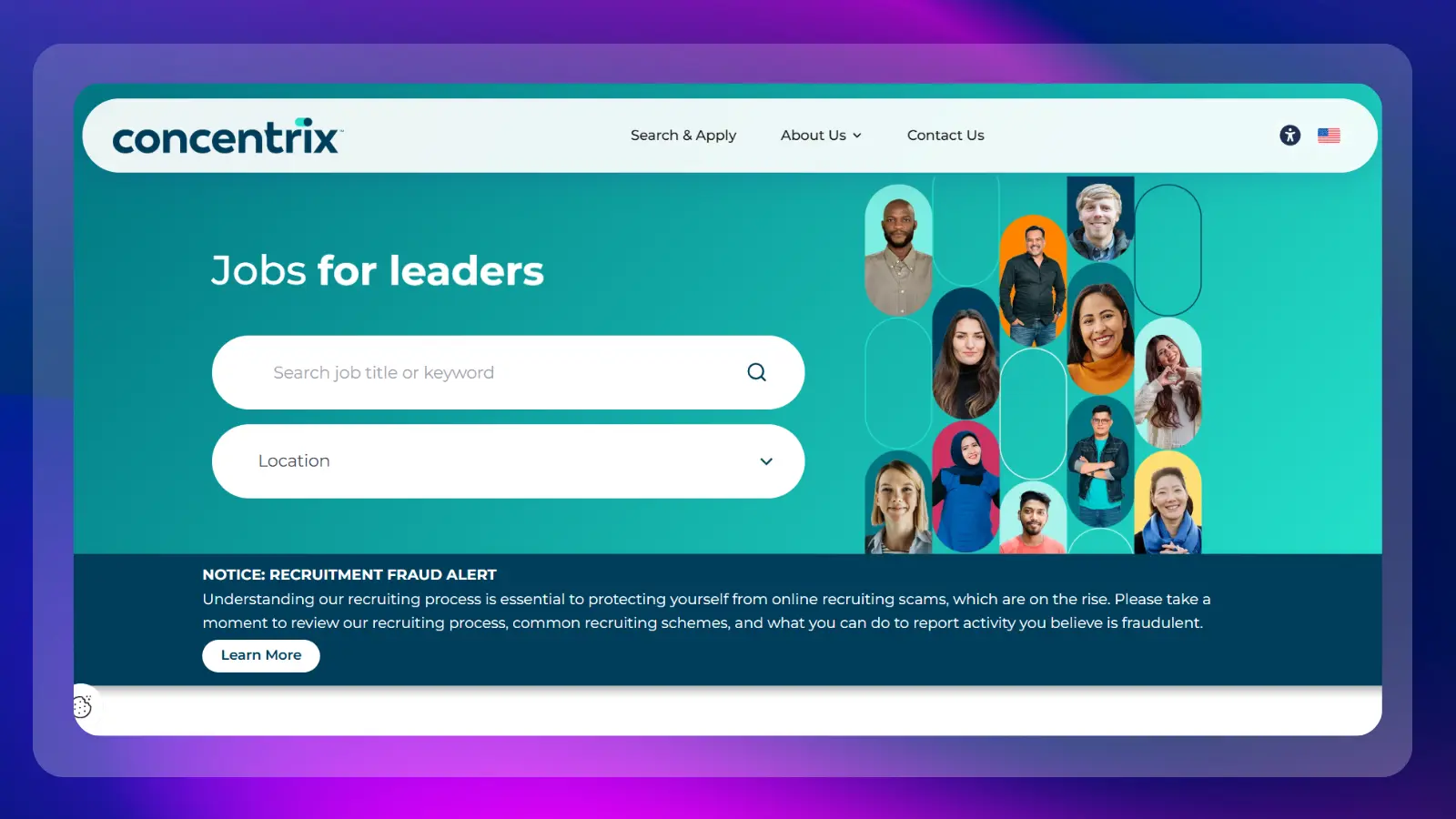 concentrix website showing customer service job opportunities and job search options