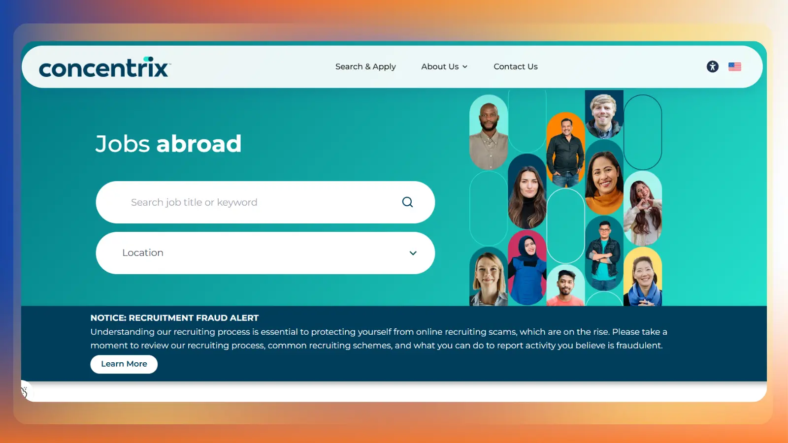 concentrix website showing jobs abroad and a job search form