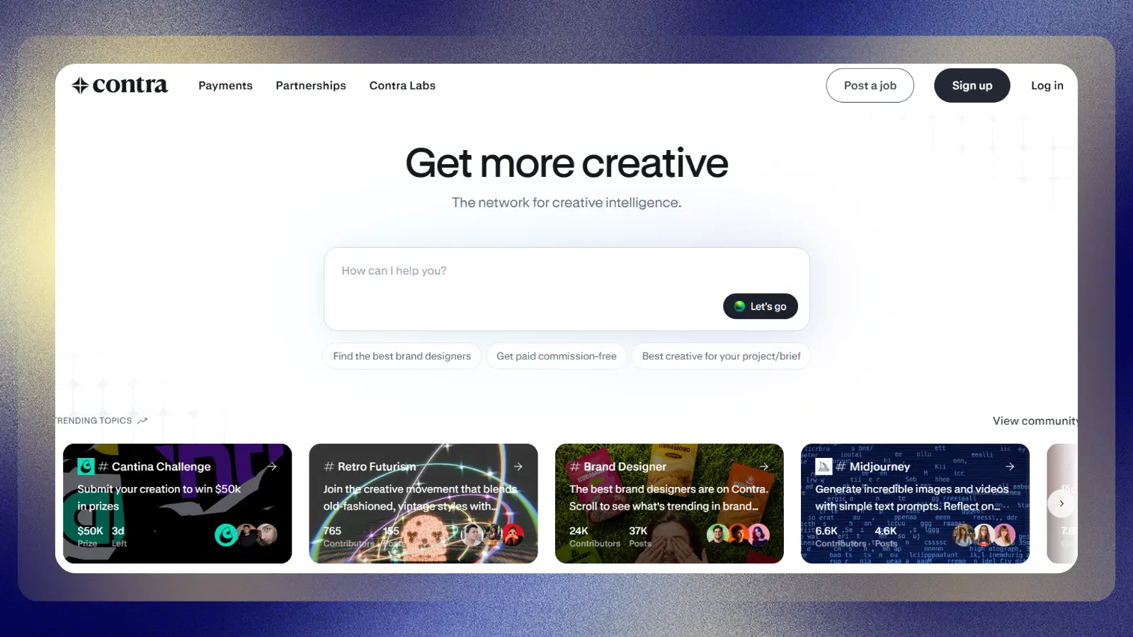 Página web de Contra que muestra una red de autónomos creativos y ofertas de empleo