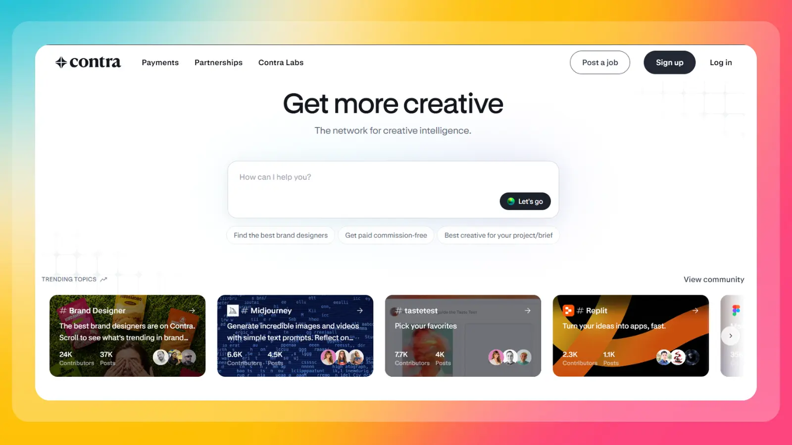 contra website showing a creative network for finding designers and creative professionals