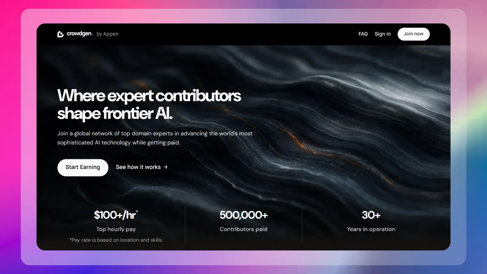 crowdgen by appen website showing opportunities for expert contributors to work on ai projects and get paid