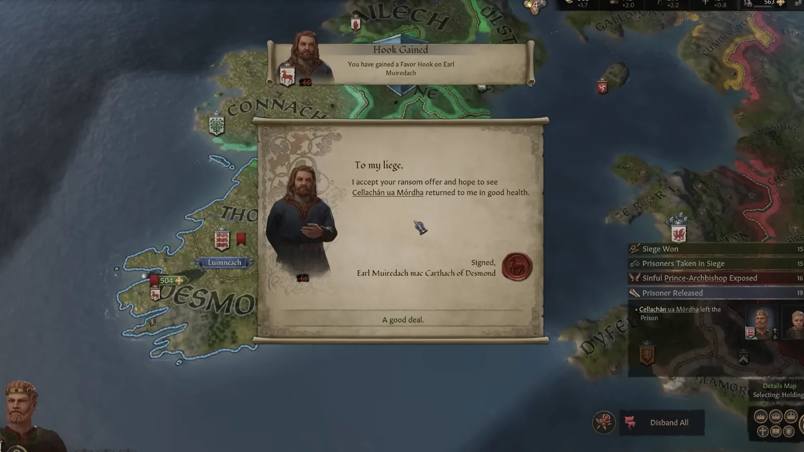Strategy map of medieval Europe with an event window displaying a character and dialogue.