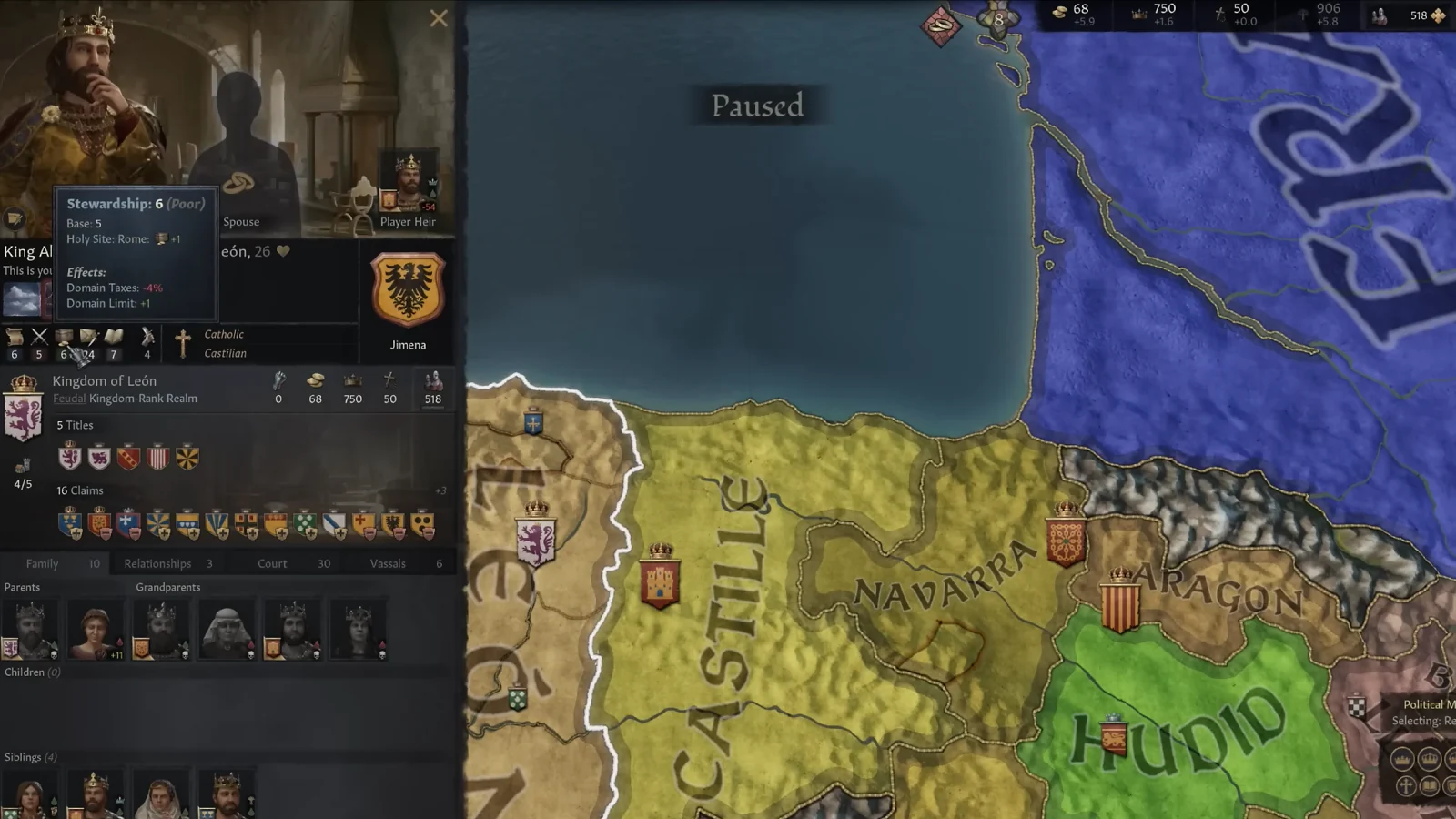 Mappa strategica medievale della Spagna settentrionale con schede informative sui personaggi e sui regni.