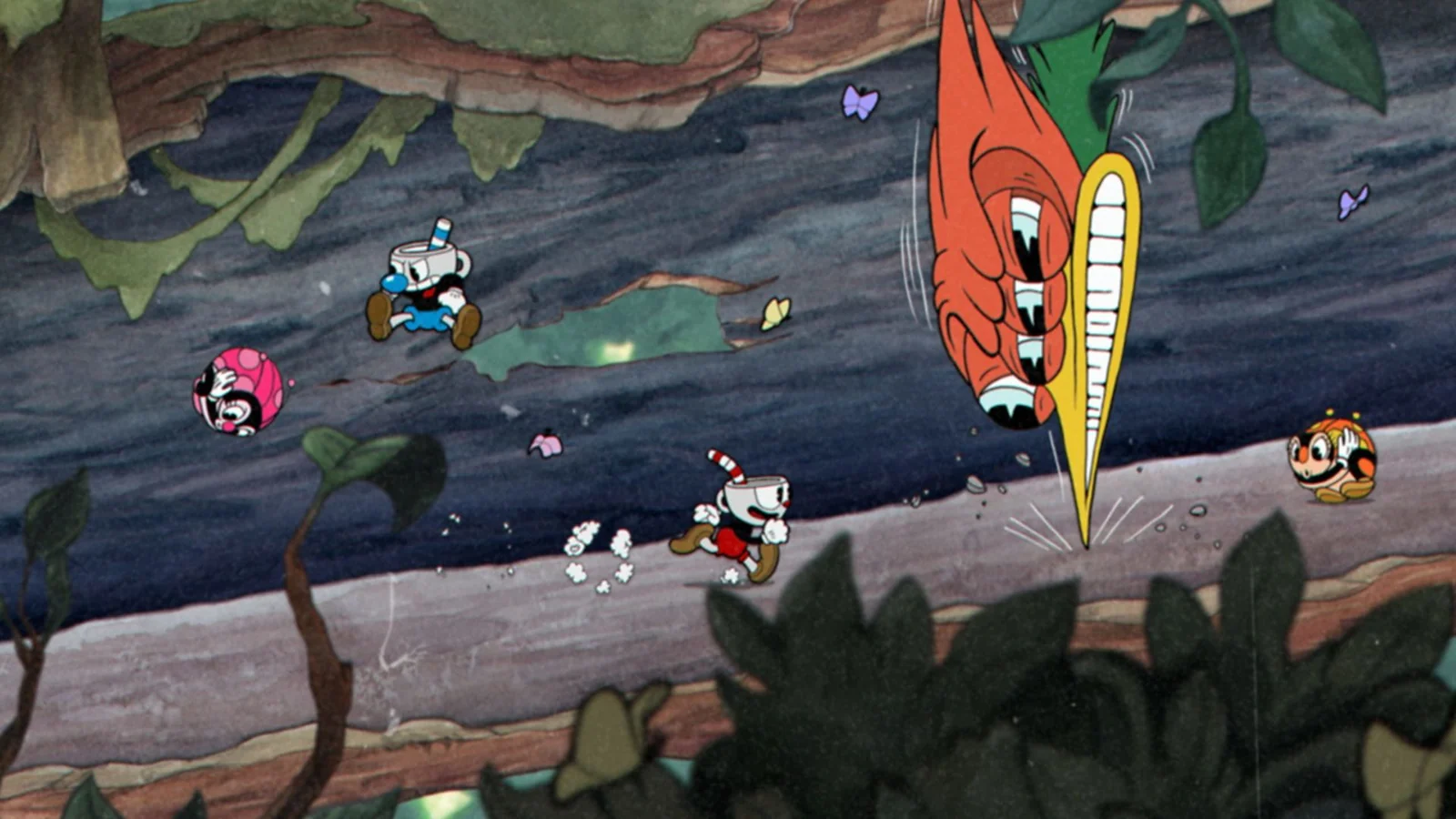 Cuphead gameplay showing cartoon characters fighting a giant boss in a colorful side-scrolling level.