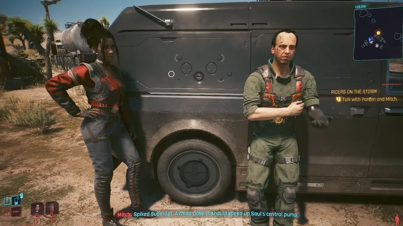 Cyberpunk 2077 gameplay showing a character speaking inside a futuristic workshop.