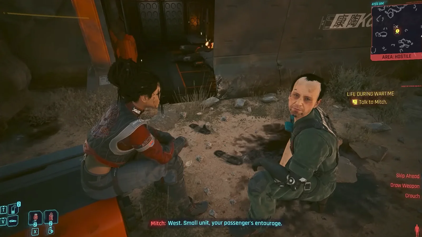 Imagens do jogo Cyberpunk 2077 que mostram um diálogo com um homem ferido num ambiente futurista.