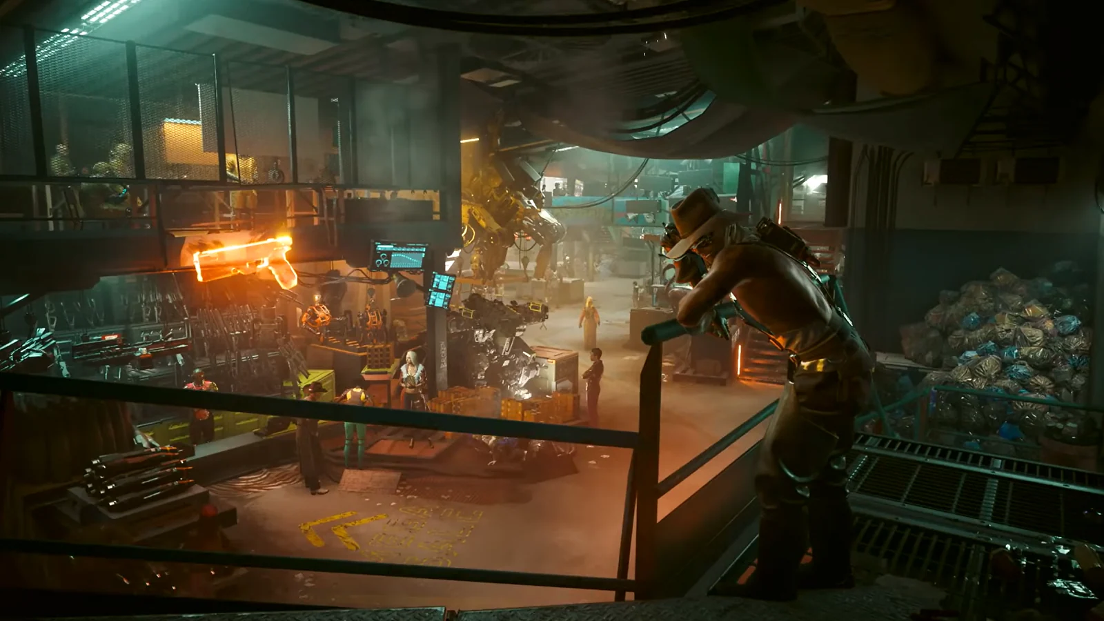 A character moves through a dimly lit futuristic interior filled with orange and blue neon lights.