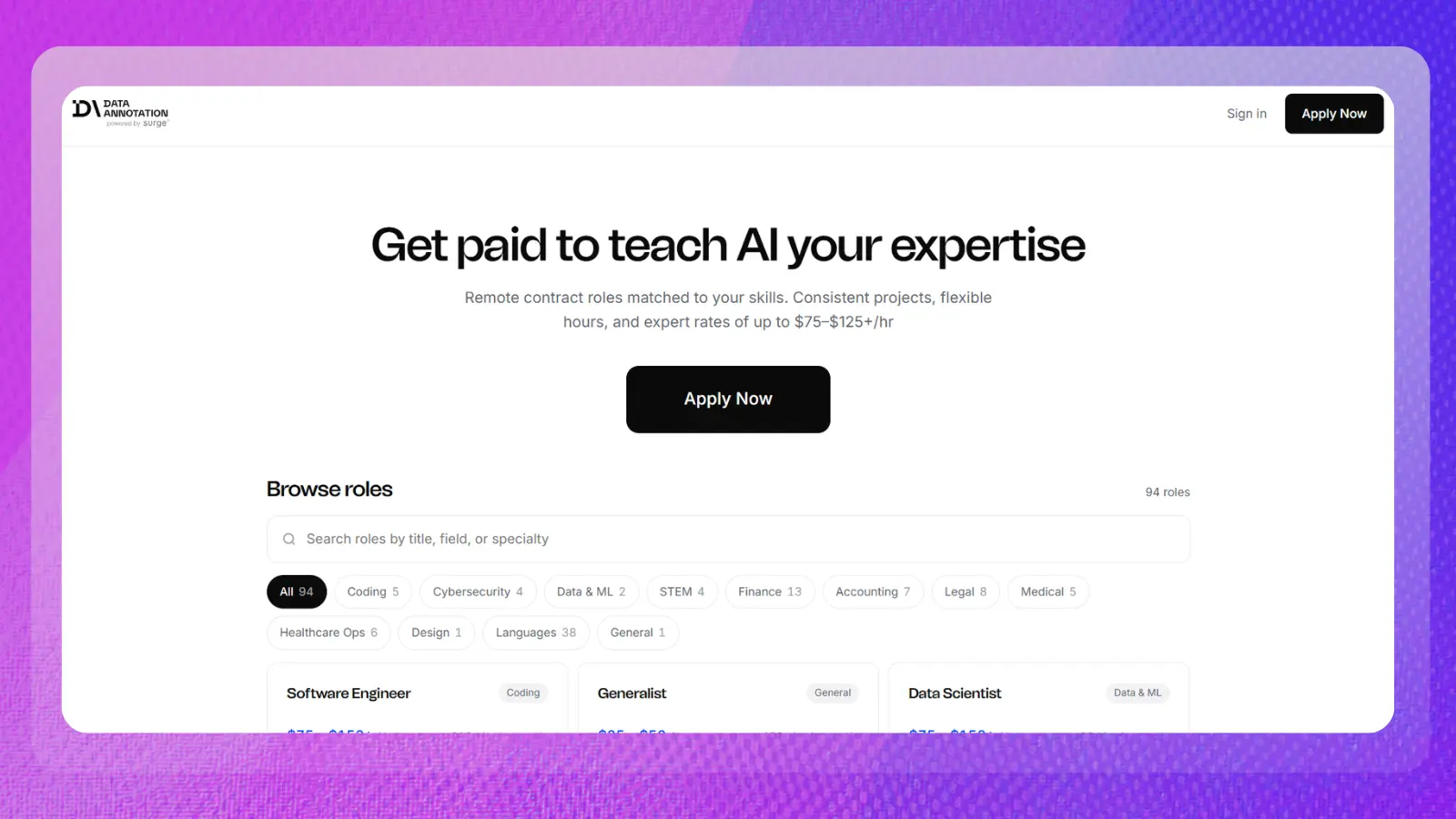 dataannotation website showing remote roles for teaching ai and earning money