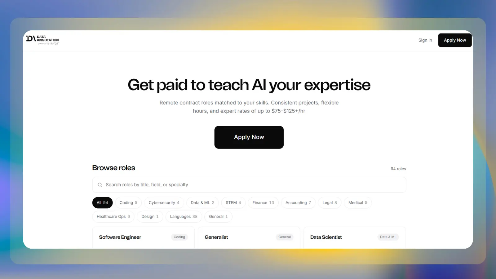 data annotation website showing remote roles for teaching ai expertise