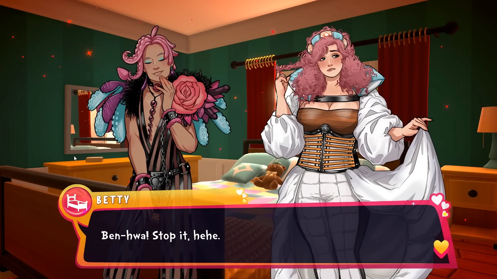 Date Everything! gameplay showing a colorful conversation between animated characters.