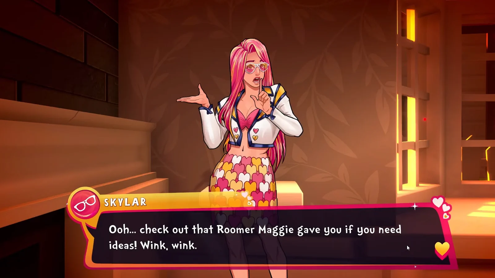 Cena de diálogo de «Anota tudo!» com uma personagem animada de cabelo cor-de-rosa.