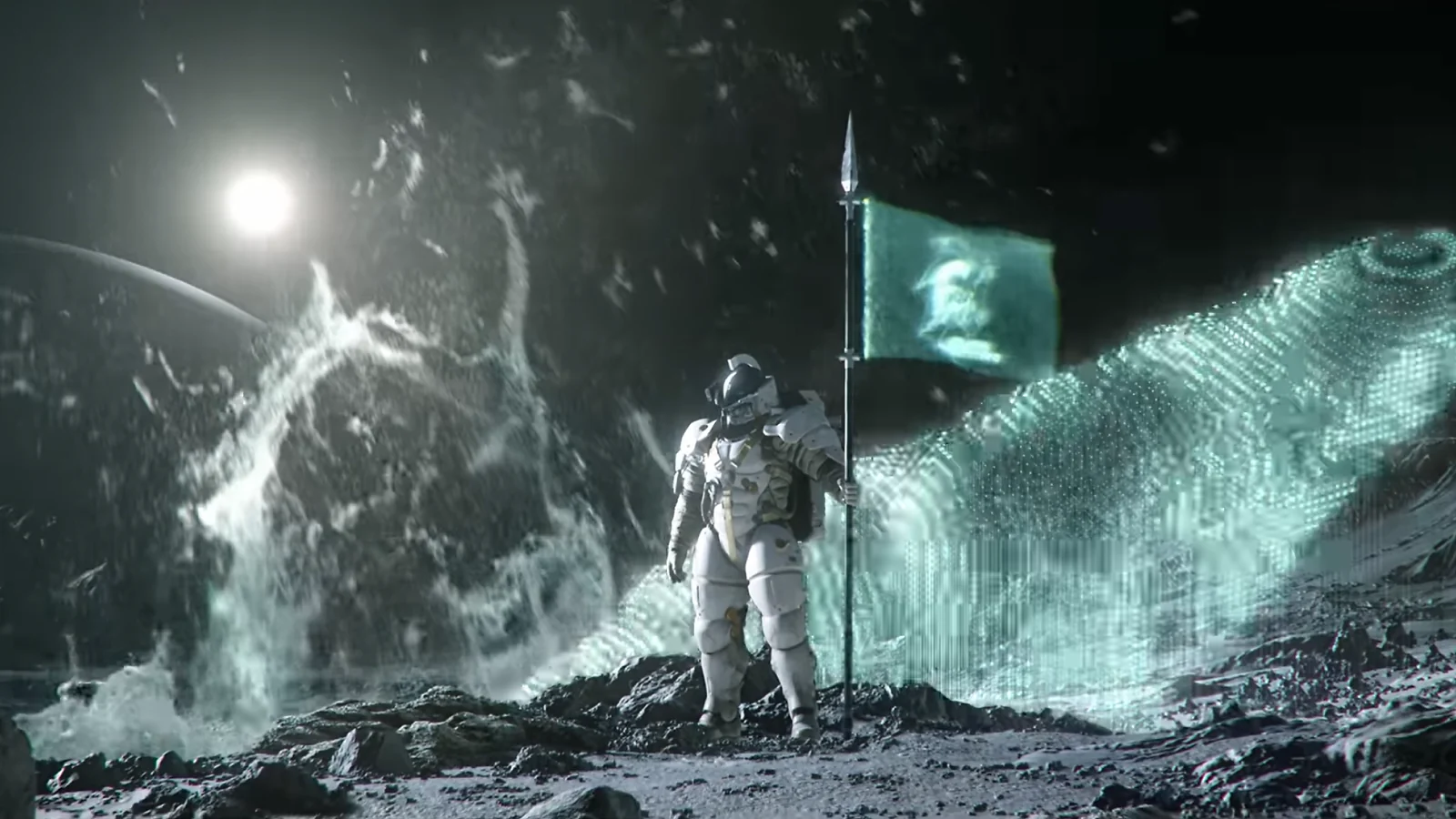 Death Stranding gameplay showing an astronaut beside a glowing structure on the Moon.
