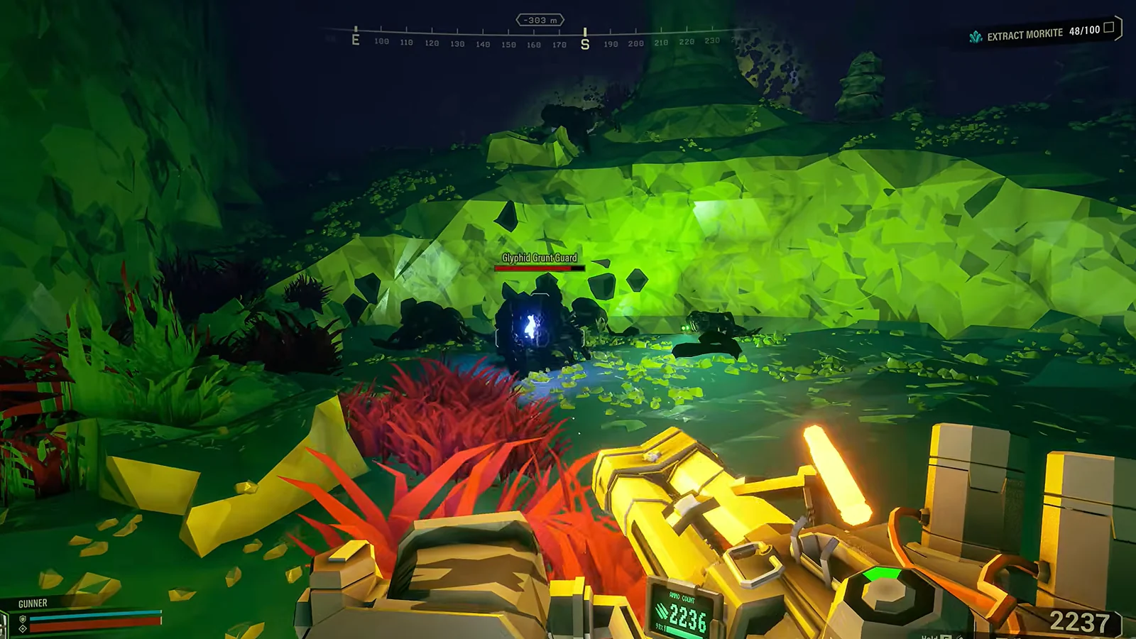 Deep Rock Galactic gameplay showing dwarves exploring a glowing green alien cave.