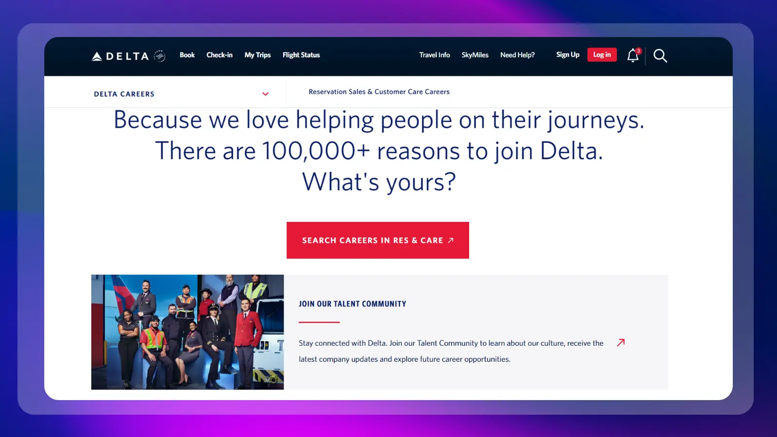 delta website showing reservation sales and customer care careers