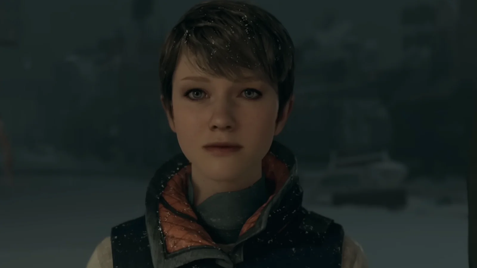 Detroit: Become Human close-up showing Kara in a snowy environment.