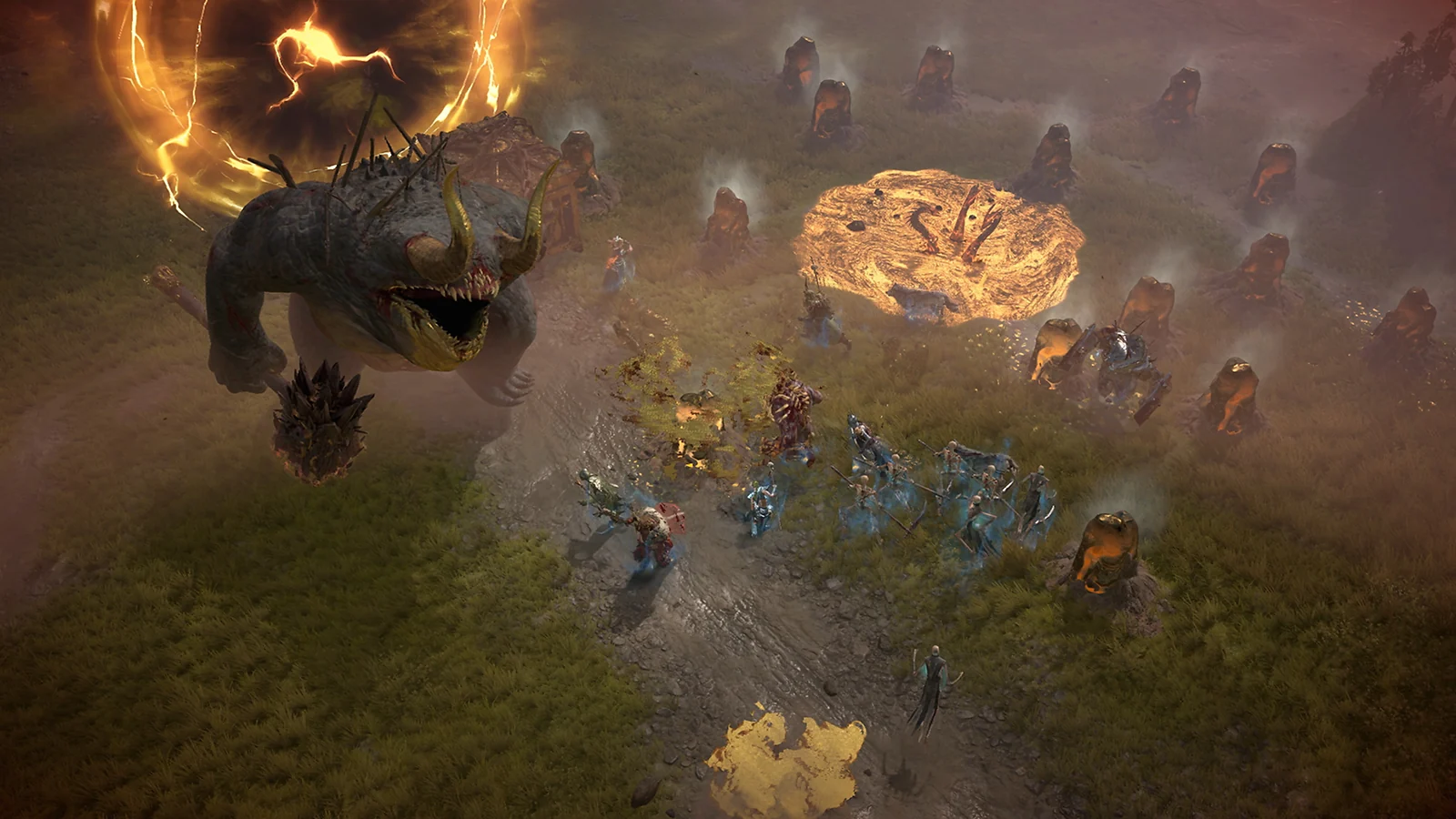 Diablo IV gameplay showing heroes fighting demons during a large-scale battle