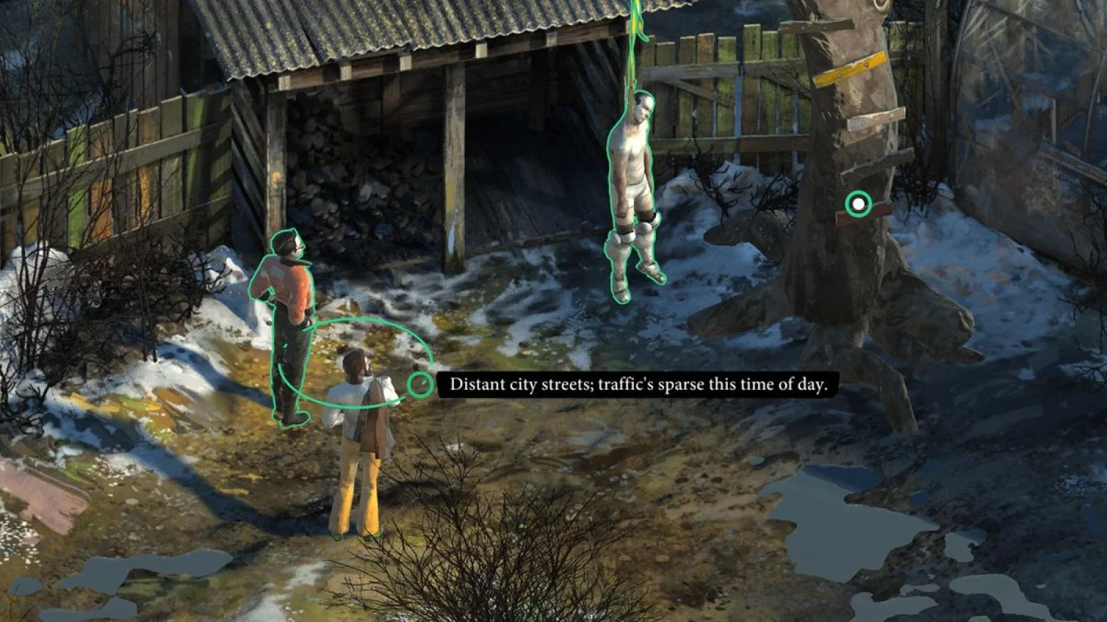 Disco Elysium – A obra-prima inigualável da narrativa dos RPG isométricos – Uma perspetiva isométrica de detetives a investigar uma cena de crime com um corpo enforcado