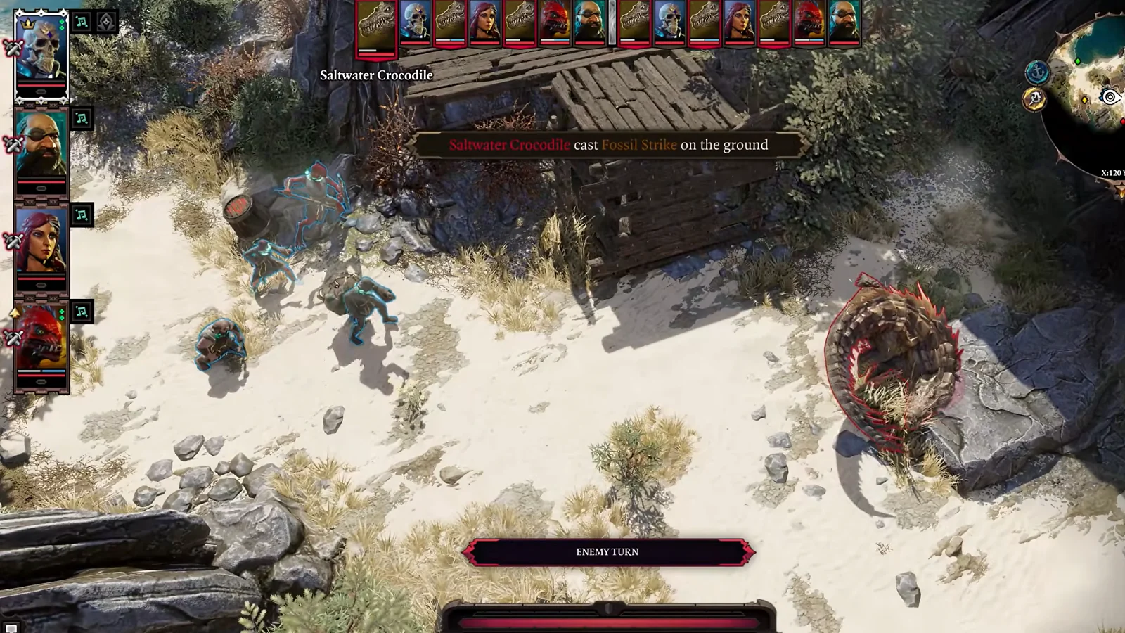 Rozgrywka z gry „Divinity: Original Sin 2”, przedstawiająca drużynę walczącą z przeciwnikami na zaśnieżonym terenie.