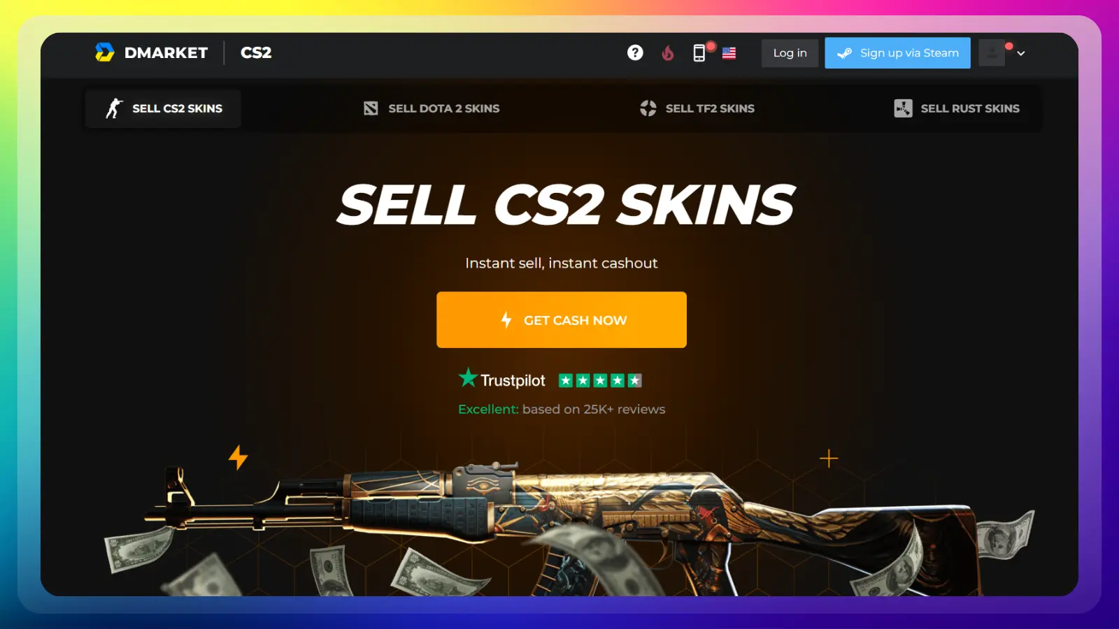 dmarket website showing cs2 skins for sale and instant cash out
