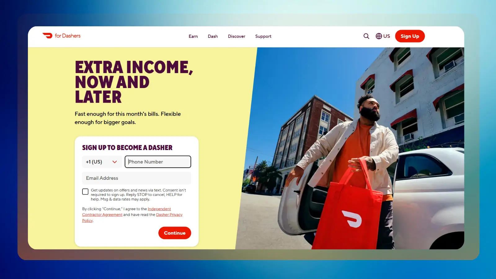 Página web de DoorDash en la que se explica cómo convertirse en repartidor de DoorDash y obtener ingresos extra mediante un trabajo de reparto flexible