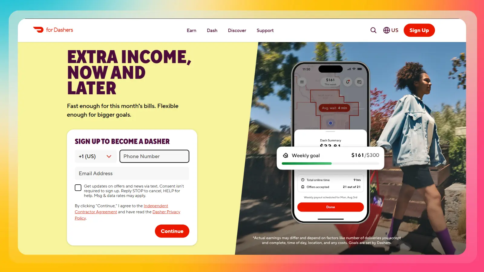 doordash website showing dasher signup and delivery earnings