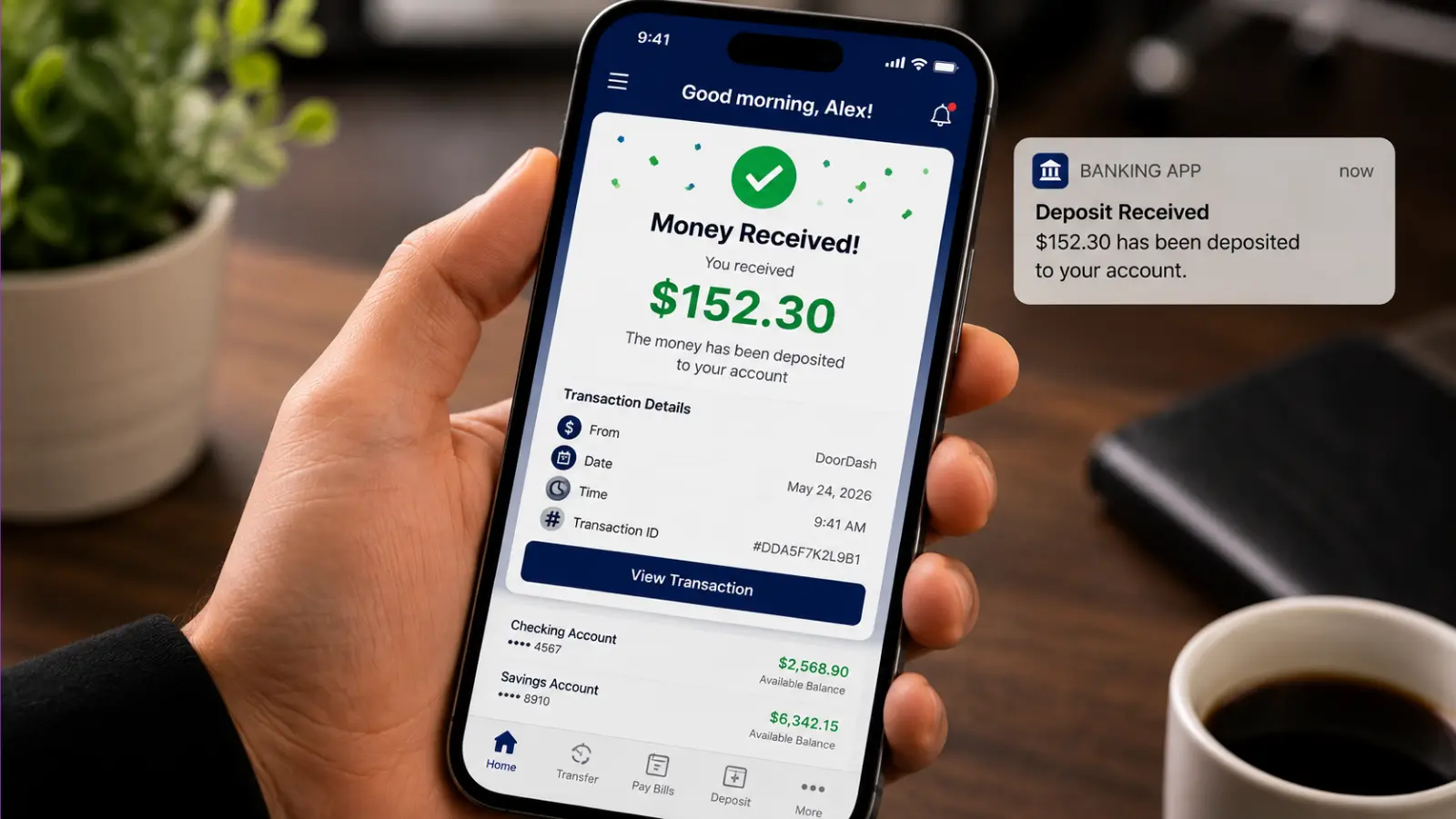 Close-up of a smartphone showing a payout notification from a money-making app