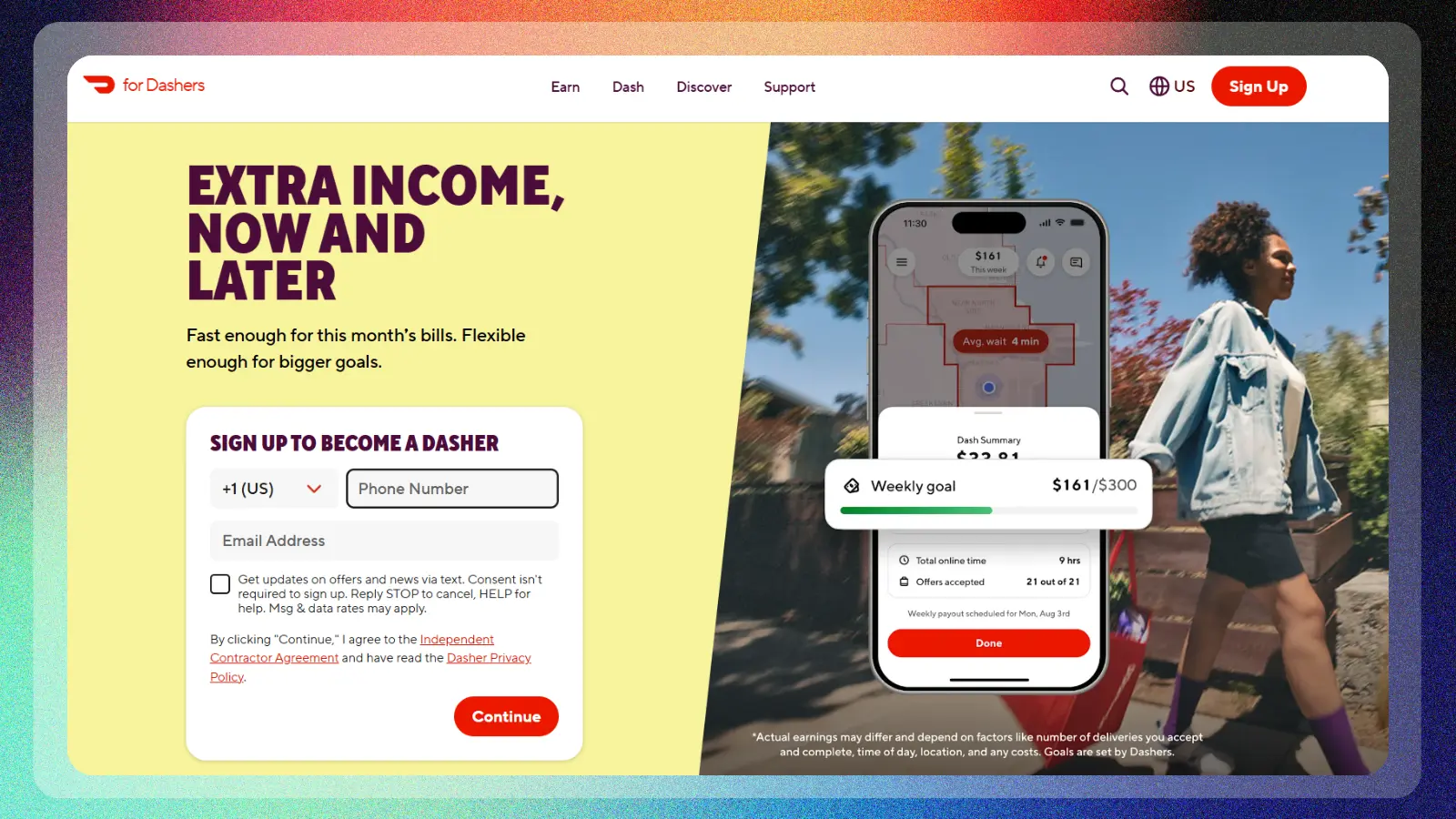 Doordash website showing dasher earnings