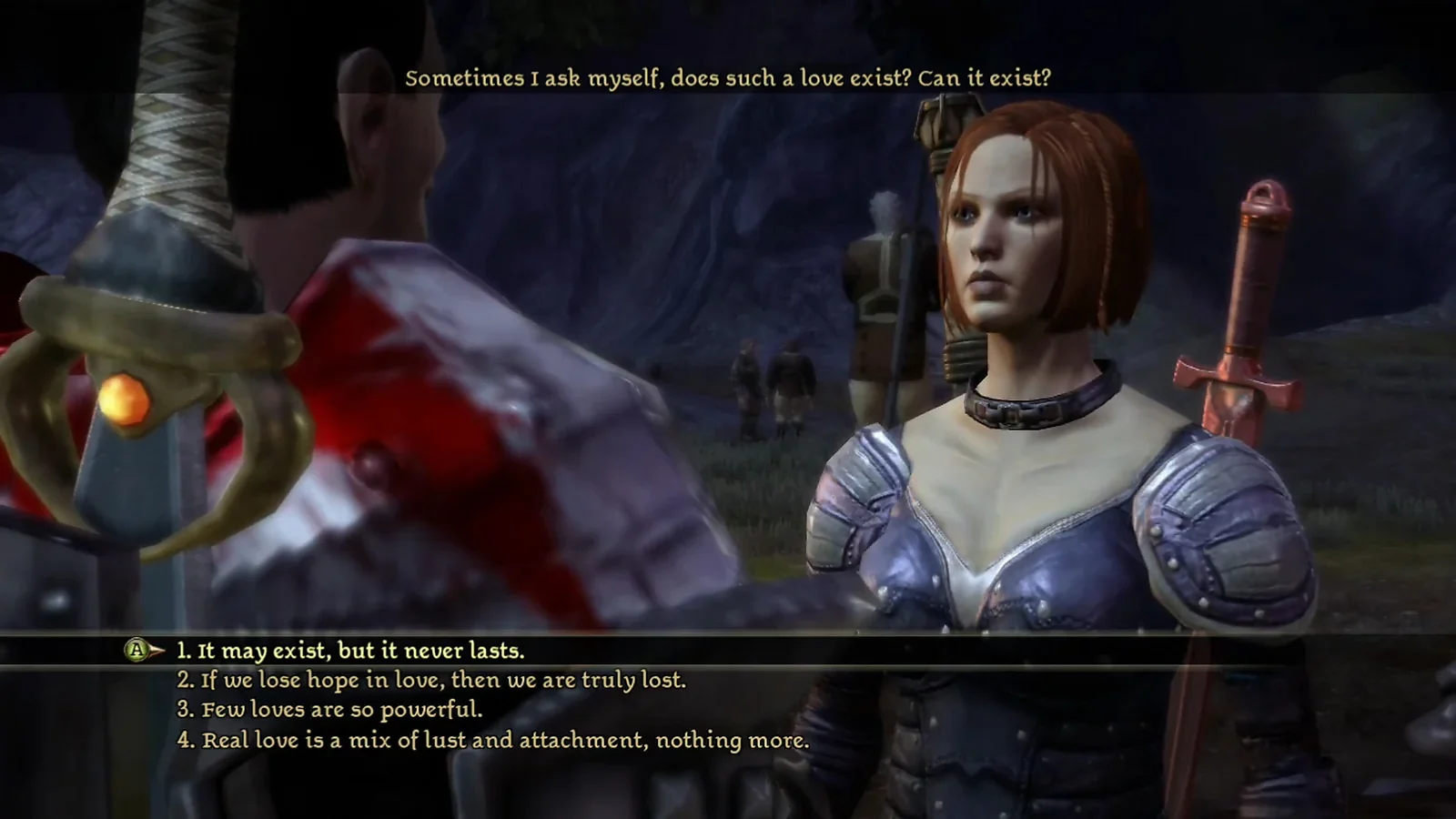 Dragon Age gameplay showing a dialogue choice during a fantasy conversation.