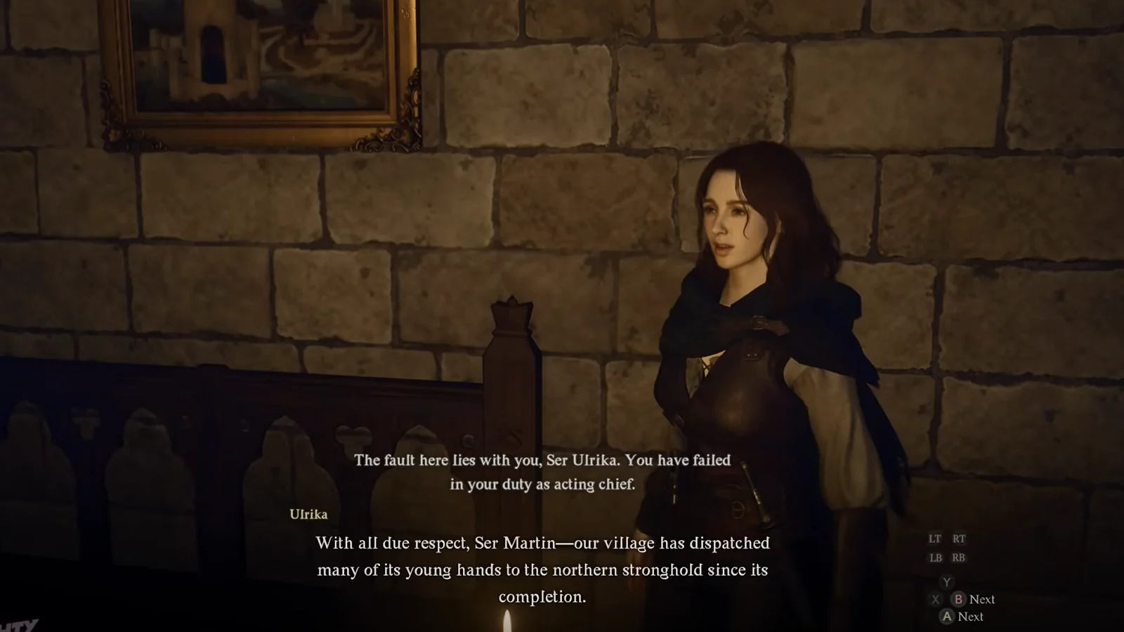 Cena de diálogo do Dragon’s Dogma com uma mulher dentro de um edifício medieval de pedra.