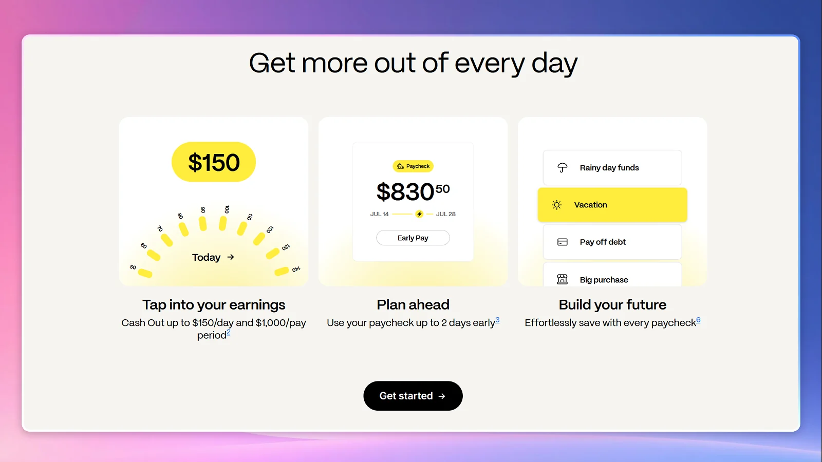 Earnin website page - cards